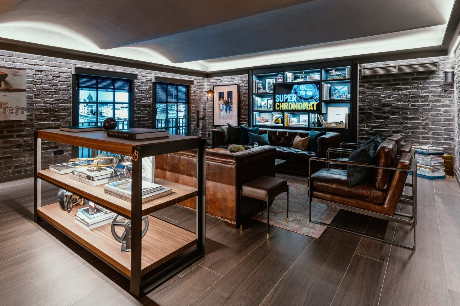 Luxury leather lounge with brick walls and modern decor.