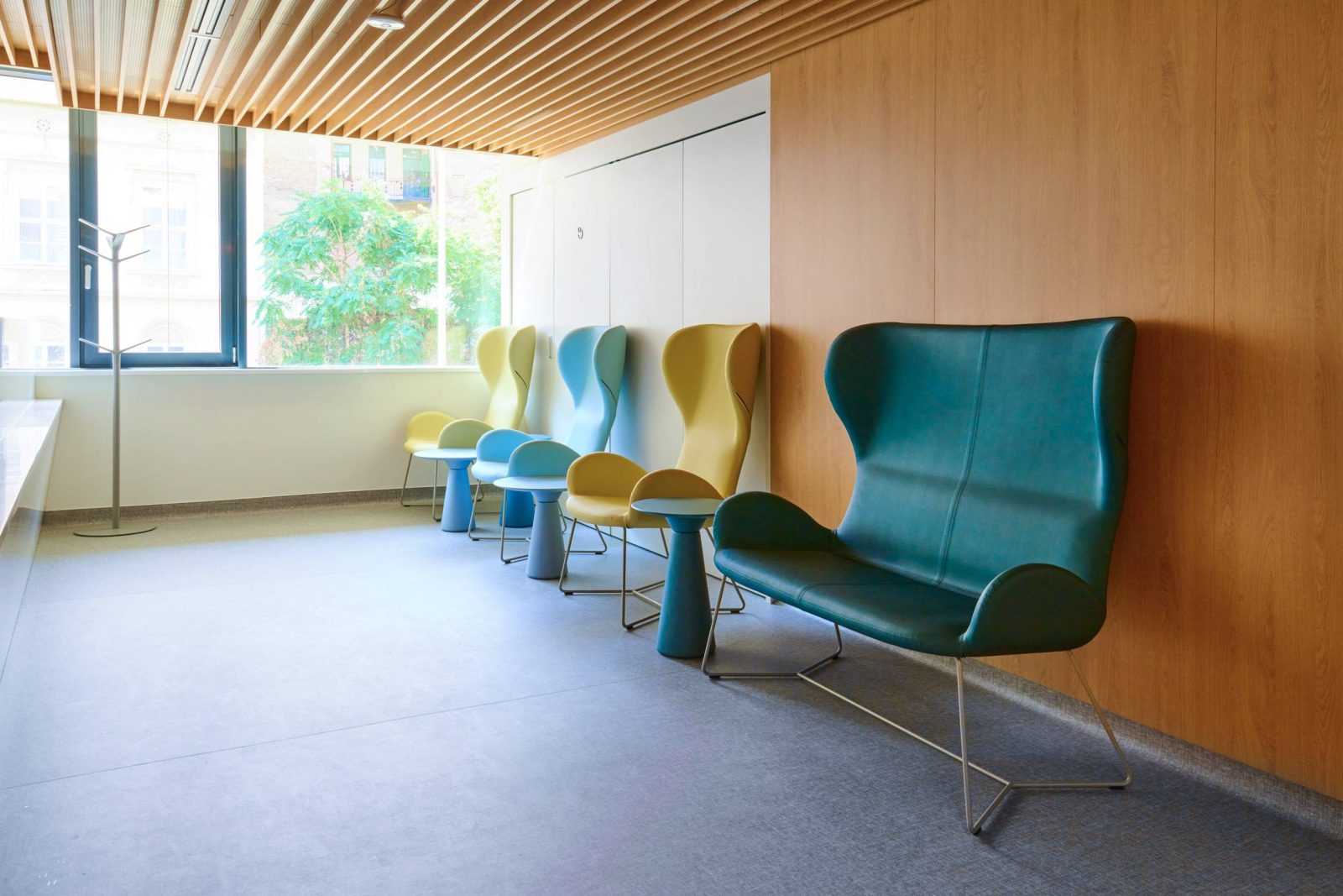 Modern colorful chairs and sofa in a wooden interior with large windows.