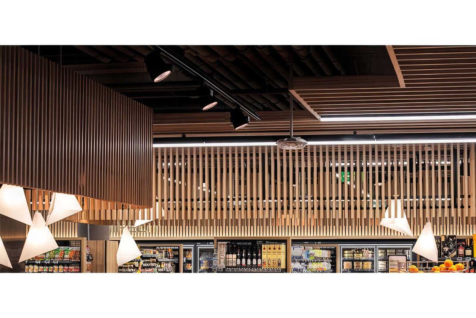 Modern wooden ceiling and lighting in a Megaholz store.