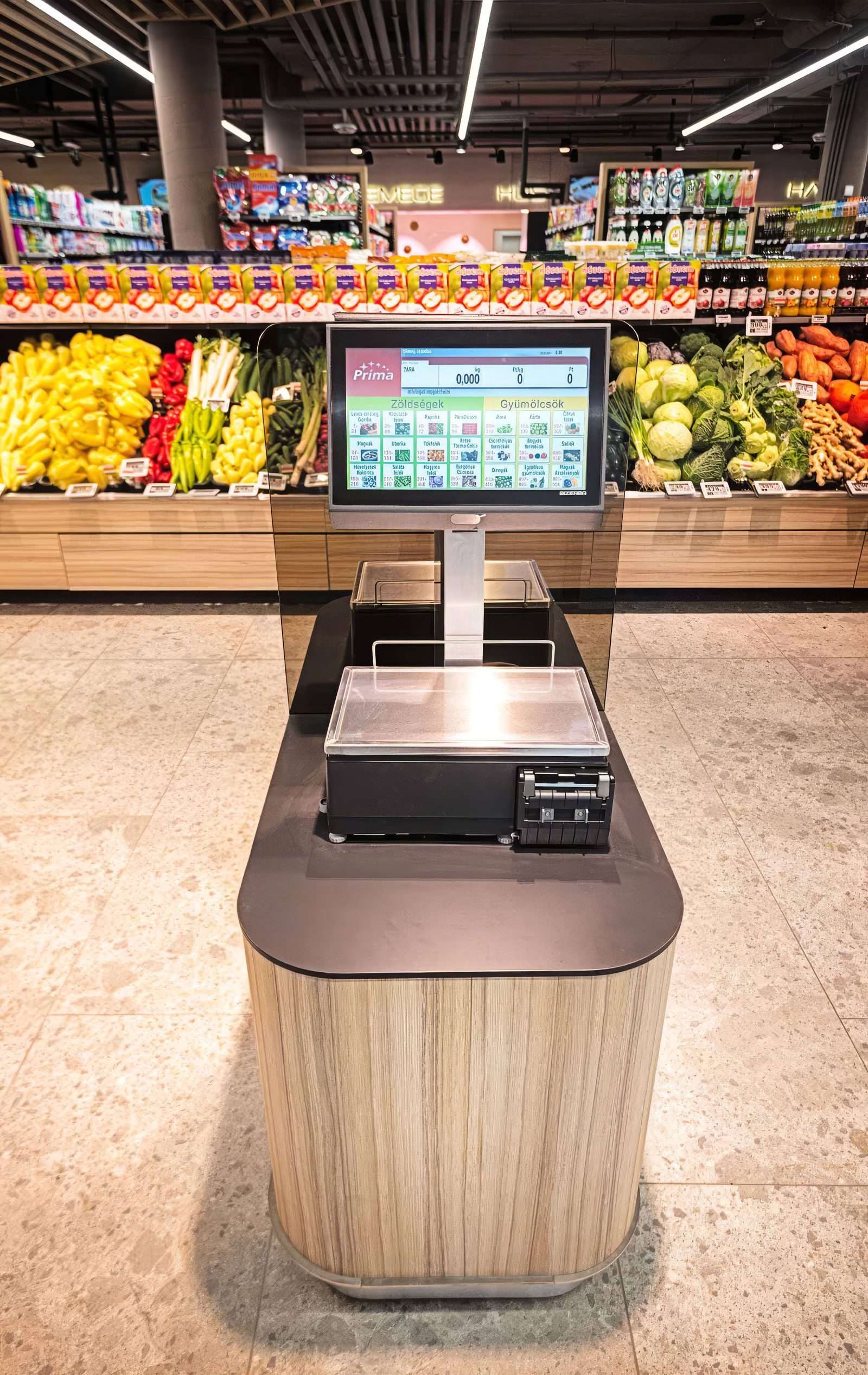 Self-service weighing station in Prima supermarket with fresh produce.