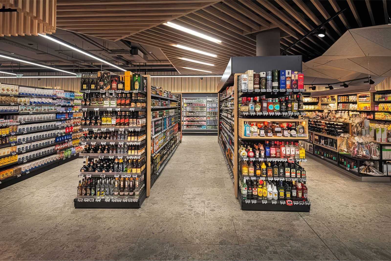 Modern liquor store aisle with wooden ceiling and well-stocked shelves.