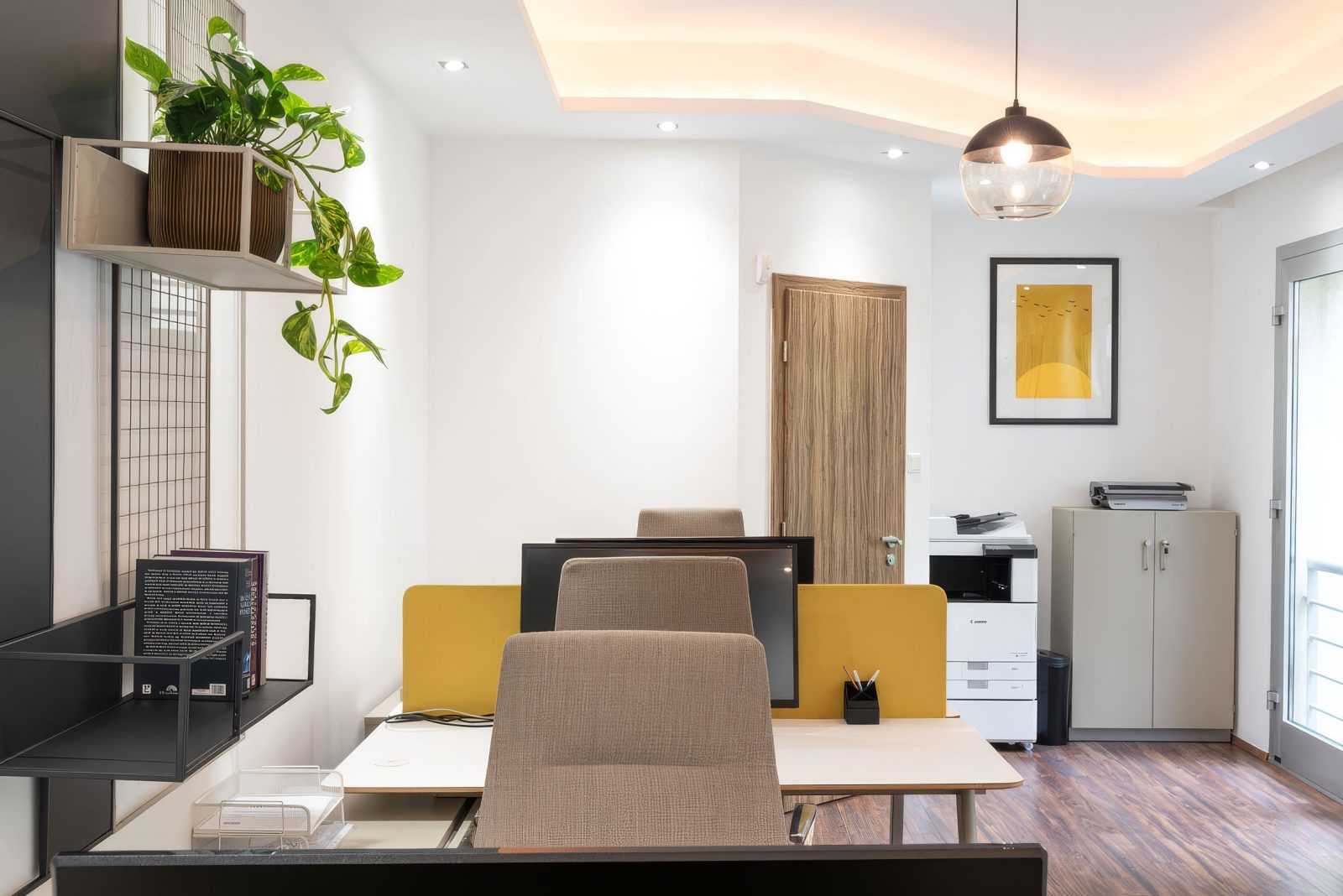 Modern office interior with yellow chairs and green plant.