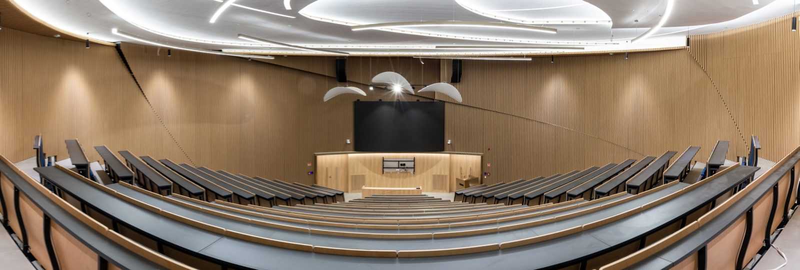 Modern wooden lecture hall with curved seating and sleek lighting.