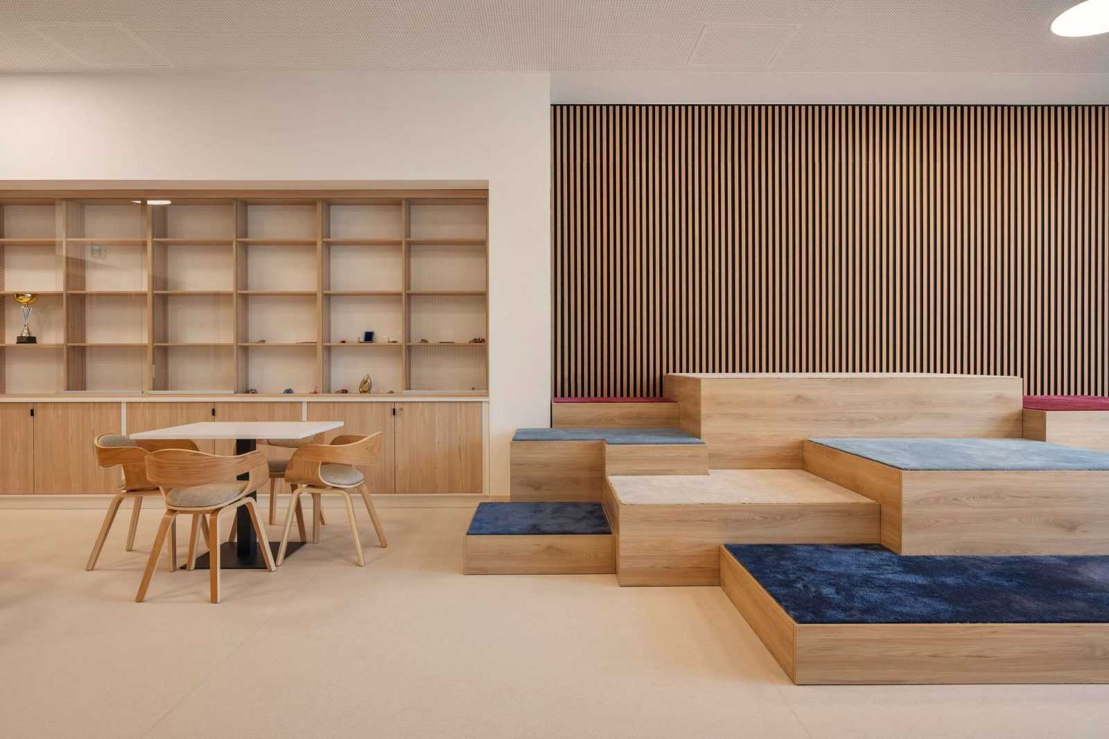 Modern wooden interior with tiered seating and bookshelves.