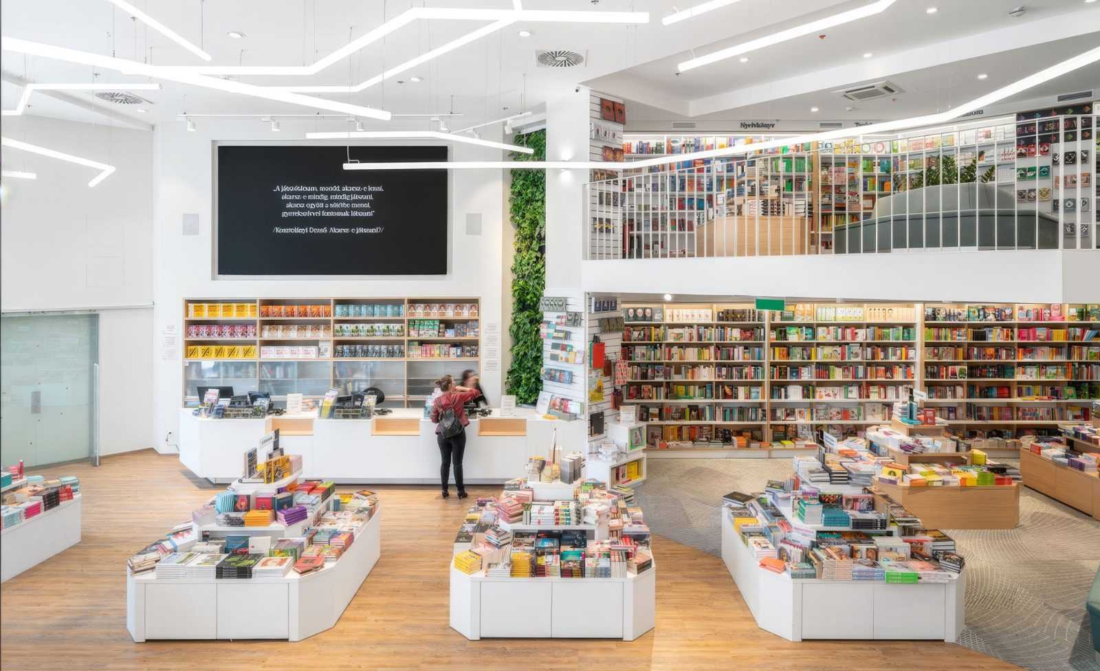 Modern bookstore interior with bookshelves, customers, and bright lighting.