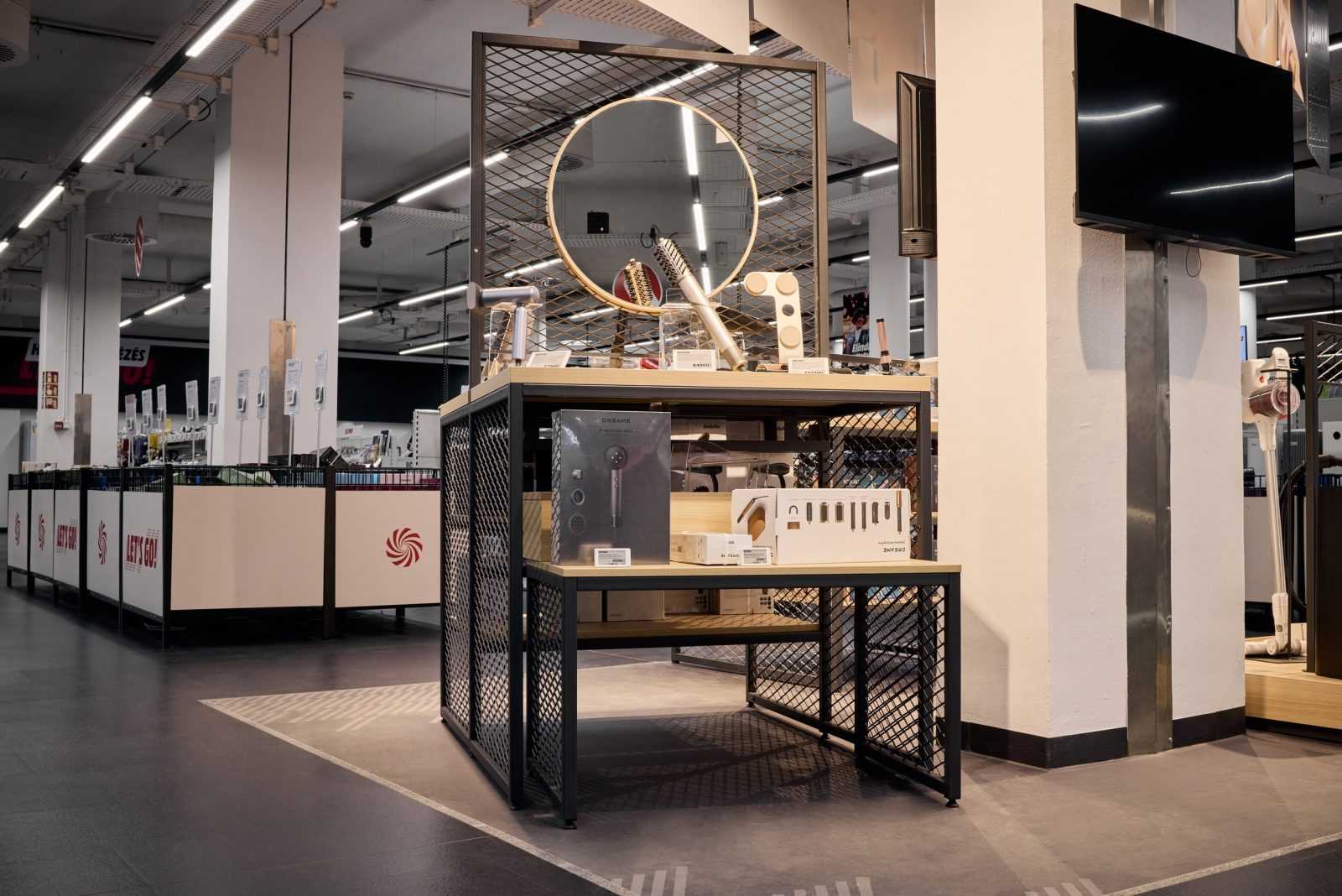 Modern hair styling tools display at Megaholz store.