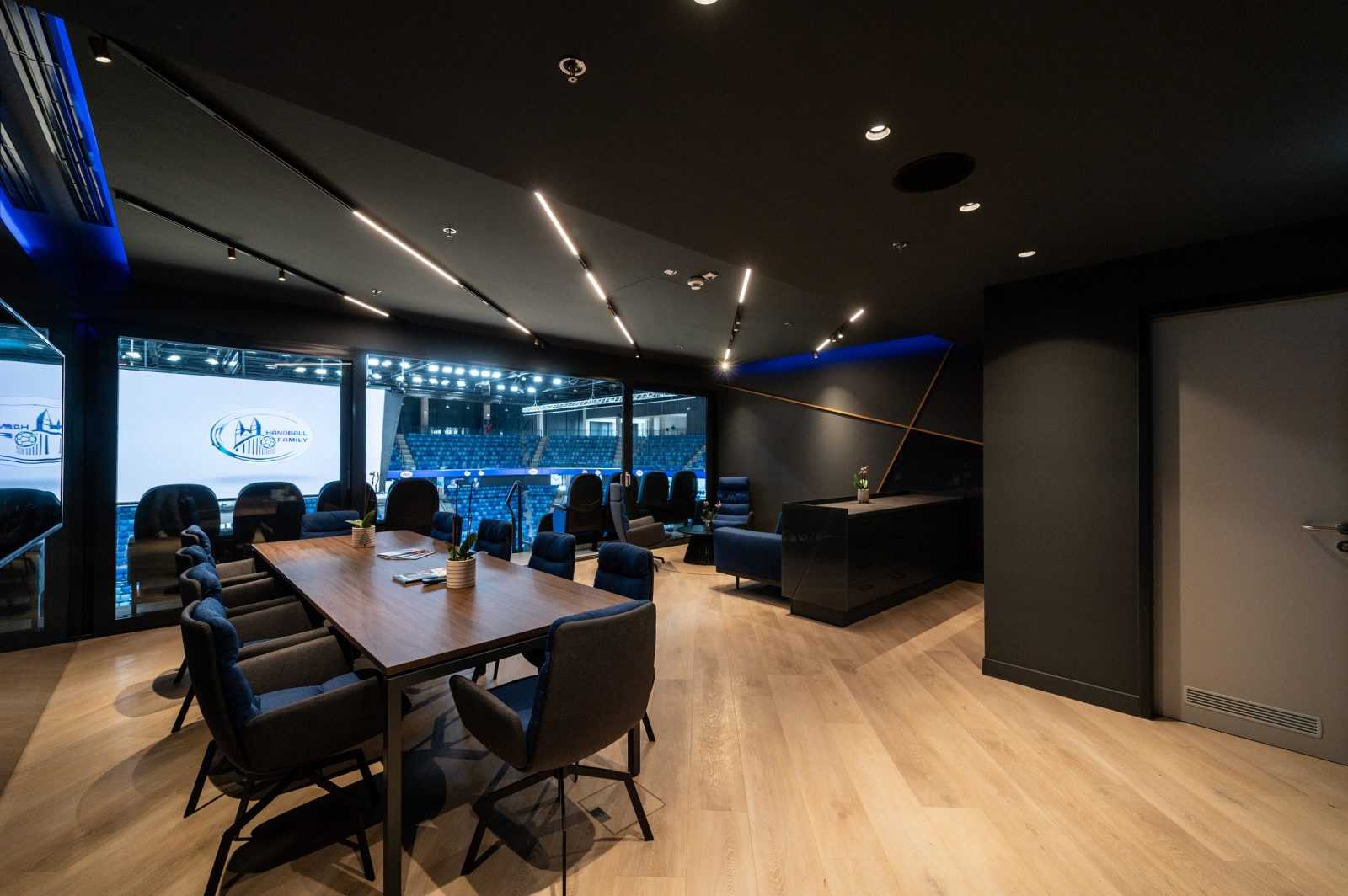 Modern luxury meeting room with view of handball arena.