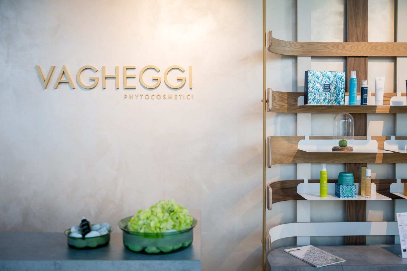 Vagheggi Phytocosmetici store interior with wooden shelves and skincare products.