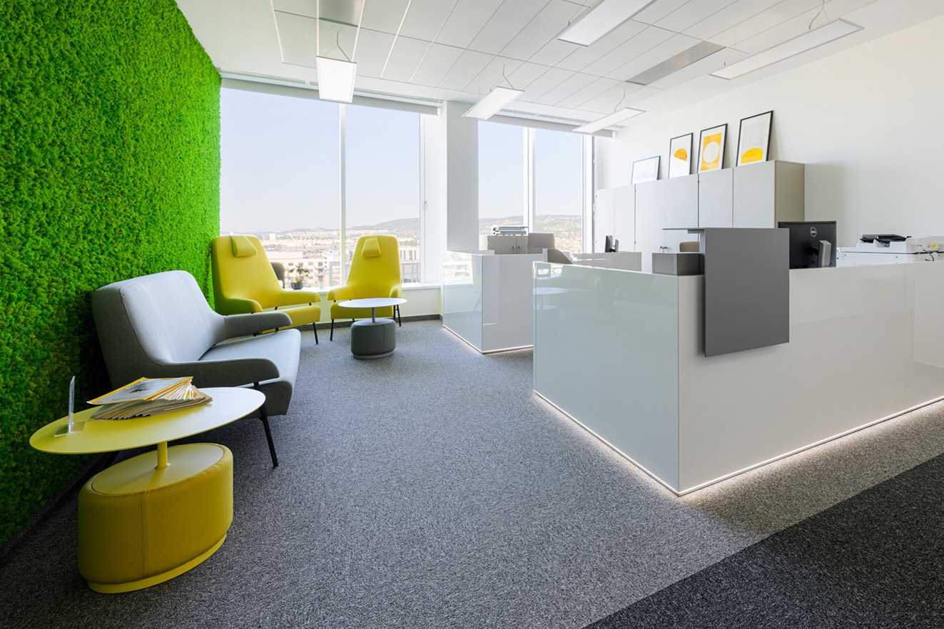 Modern office interior with green wall and yellow seating.