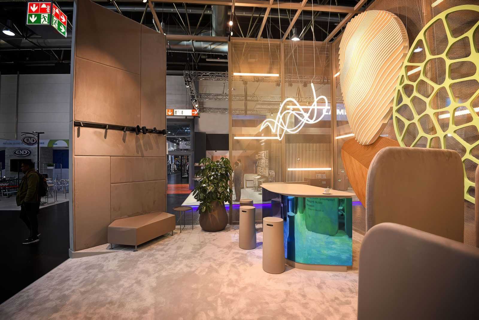 Modern wooden interior design with sculptural lighting and contemporary furniture.