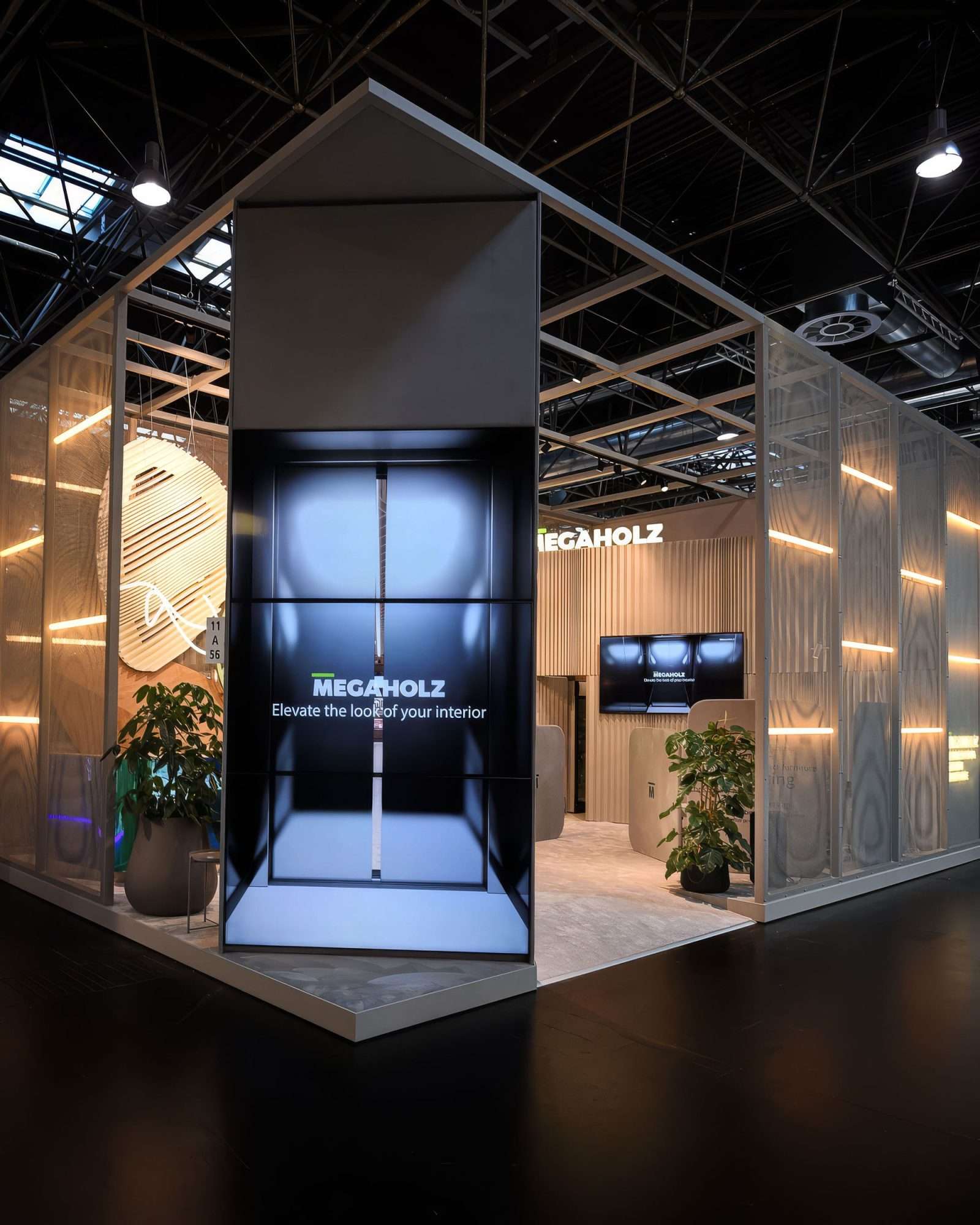Megaholz interior design booth at trade show with modern wooden displays.