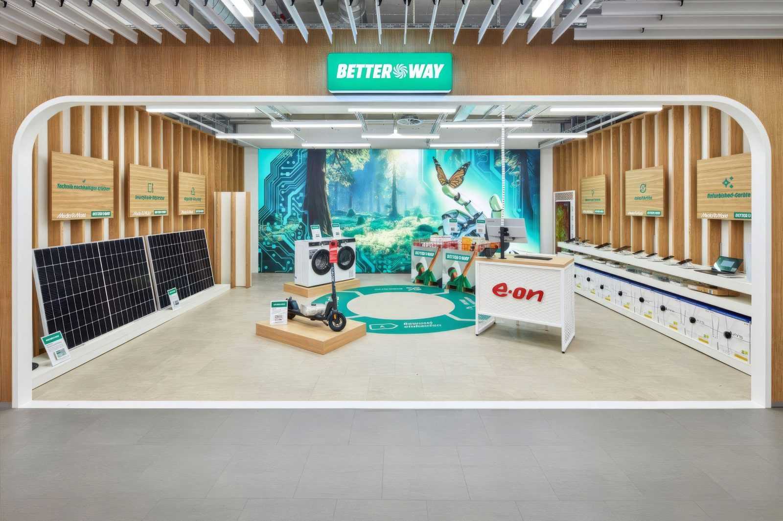 Modern eco-friendly store interior with solar panels and e-on branding.