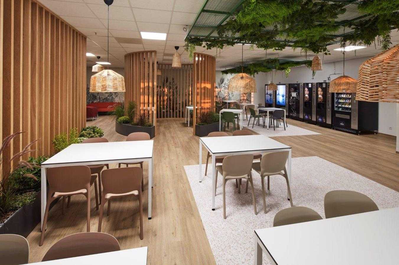 Modern office cafeteria with wooden accents and hanging plants.