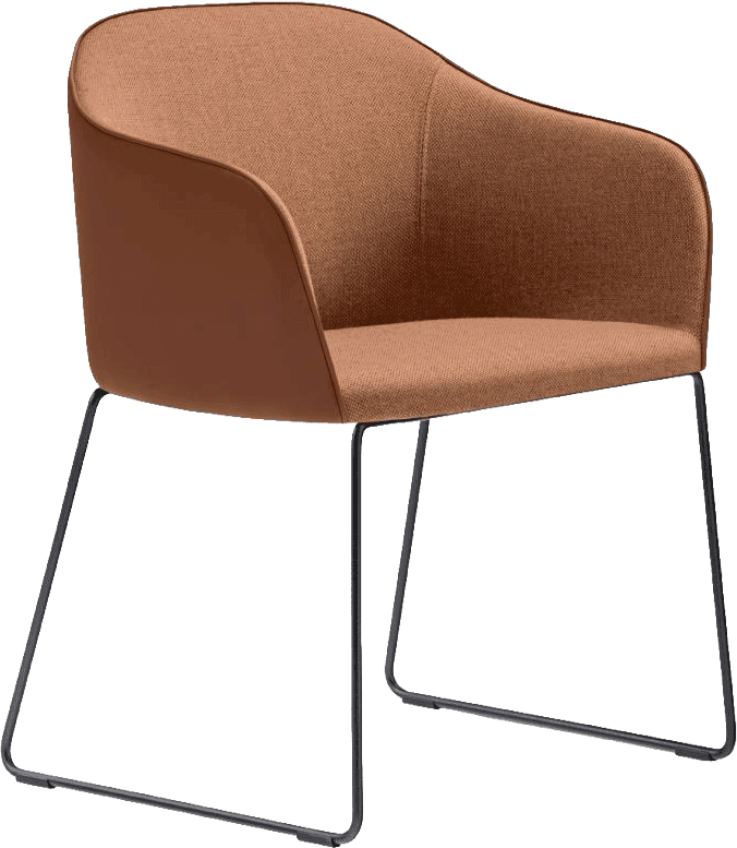 Modern brown fabric armchair with black metal legs.